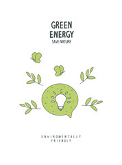 Vector hand drawn cartoon sketch of energy saving in the speach bubble. LED lamp with green leaf. Alternative green energy concept. Sustainable lifestyle.