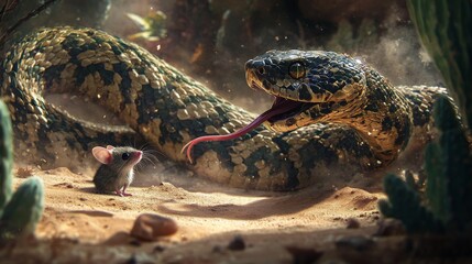 Obraz premium A striking portrayal of a snake confronting a mouse amidst the dry desert sands, surrounded by native vegetation and illuminated by golden light, depicting the rawness of nature.. AI Generation