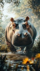 Fototapeta premium Giant hippo wades through water in lush greenery during a golden hour in a serene natural environment