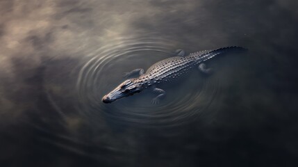 Dark Gray Crocodile Swimming in Murky Water, Top View