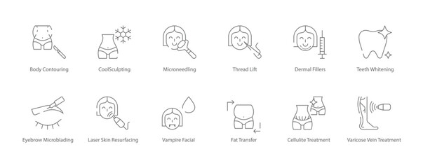 Body Contouring, CoolSculpting, Microneedling, Thread Lift, Dermal Fillers, Teeth Whitening, Eyebrow Microblading, and Skin Resurfacing Vector Icon Set