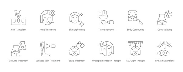 Hair Transplant, Acne Treatment, Skin Lightening, Tattoo Removal, Body Contouring, CoolSculpting, Cellulite and Varicose Vein Treatment Vector Icon Set