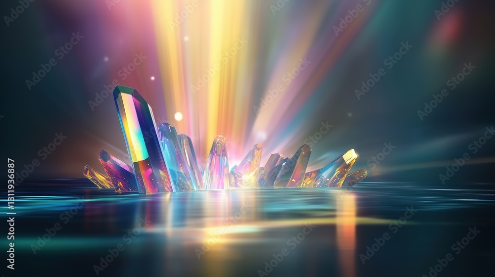 Poster Futuristic abstract holographic background with colorful light rays reflecting on crystal structures, creating a glowing spectrum effect on a dark floor. Vibrant neon lights and prismatic refractions 