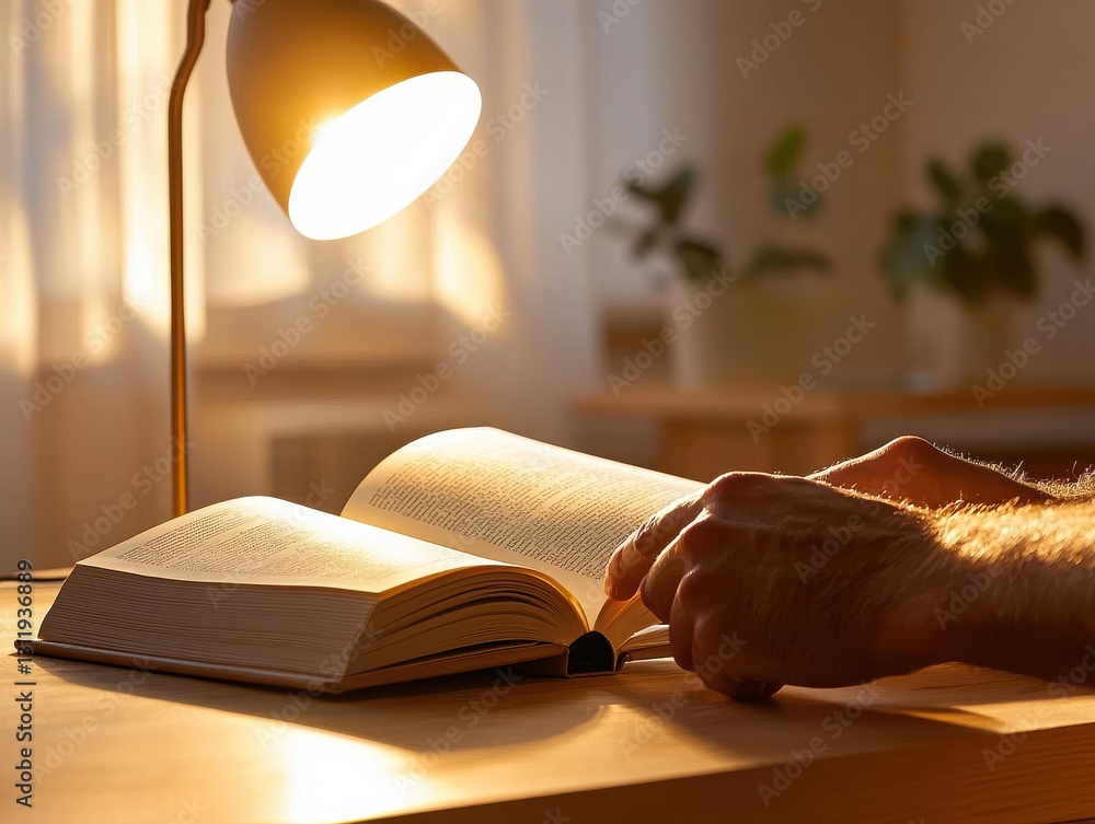 Aufkleber a person reading a book under warm light, creating a cozy and inviting atmosphere.