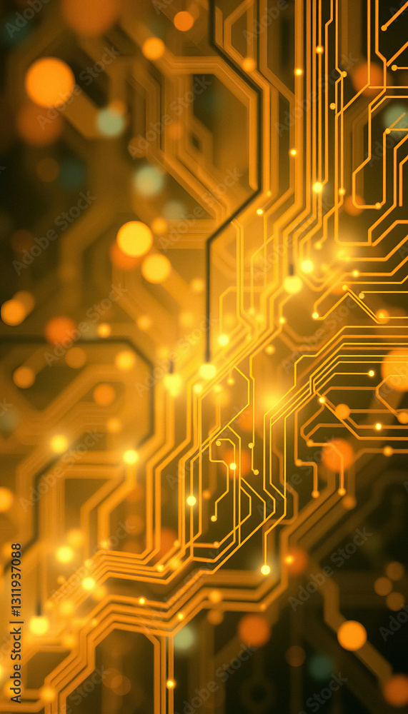 Poster Abstract golden circuit board with glowing nodes technology and connectivity