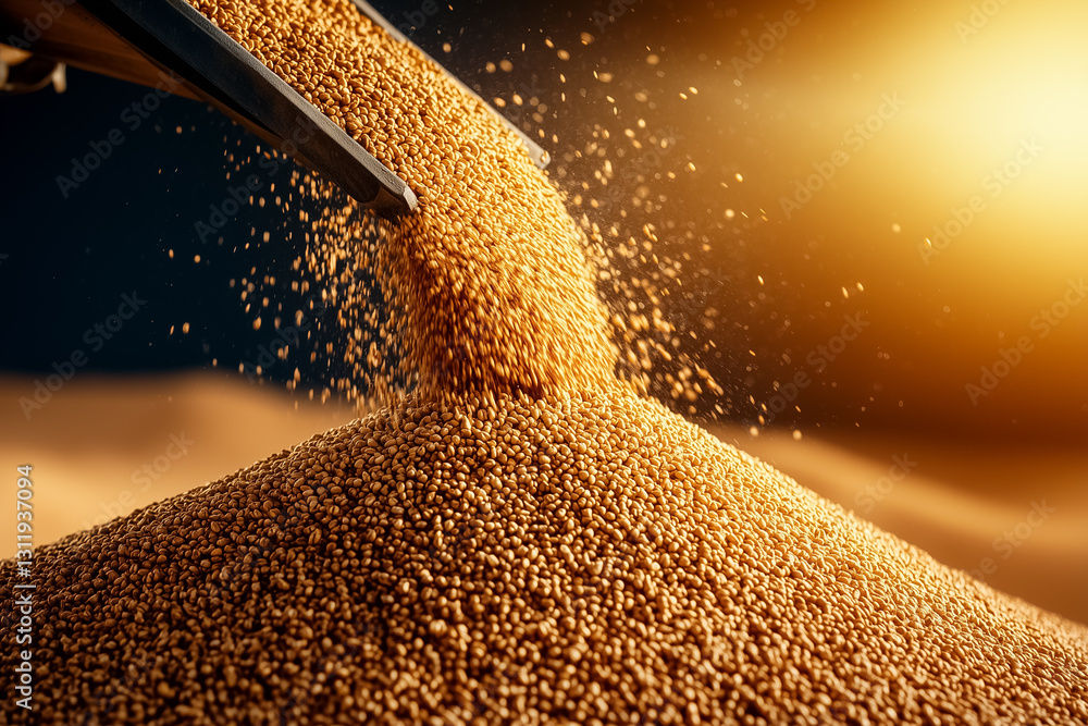 Poster a truck unloads a steady stream of golden grain into a large storage container. the low angle captur