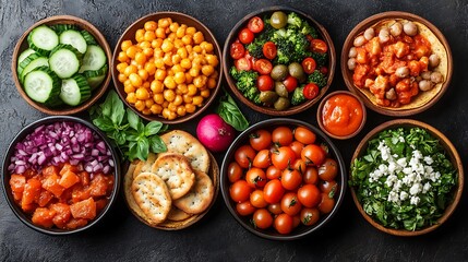 Assorted bowls of healthy ingredients for a vibrant meal, including vegetables, legumes, and fish.