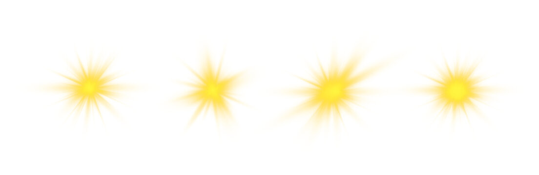 Sun flush with raos or gold spotlyght and boke. Gold lance flares network. Yellow glowing light burst and transparent back ground. Lights flare, star flash light, white sun rays, png. 