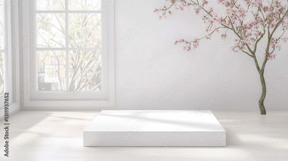 Poster Minimalist interior design featuring a white platform and a simple tree in a modern space filled with natural light