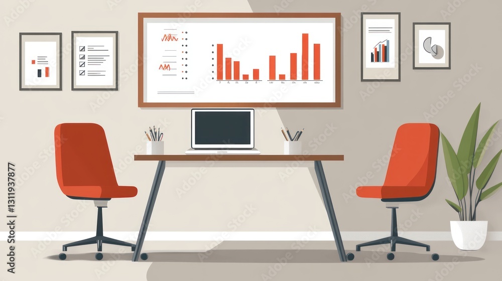 Poster modern office workspace with laptop and graphs. possible use stock photo for business or productivit