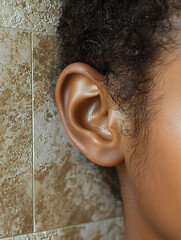 Closeup of a persons ear, showcasing the intricate details of human anatomy.  The image offers a unique perspective on beauty and listening, perfect for healthcare, beauty, or sensoryrelated projects.
