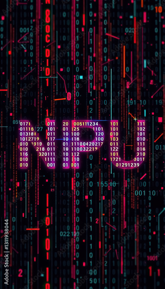 Poster Digital data stream with binary code and glowing text modern technology era