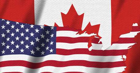 USA flag stars and stripes and Canadian flag with border background