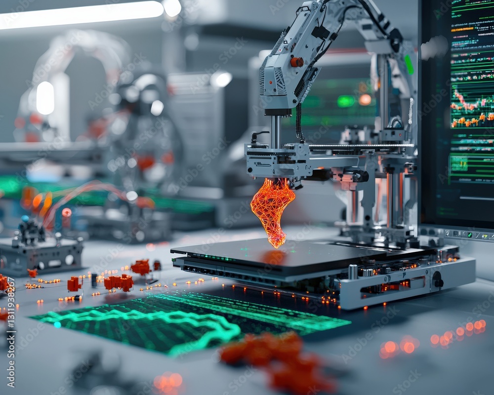 Poster a 3d printing lab visualized as a factory of dreams.