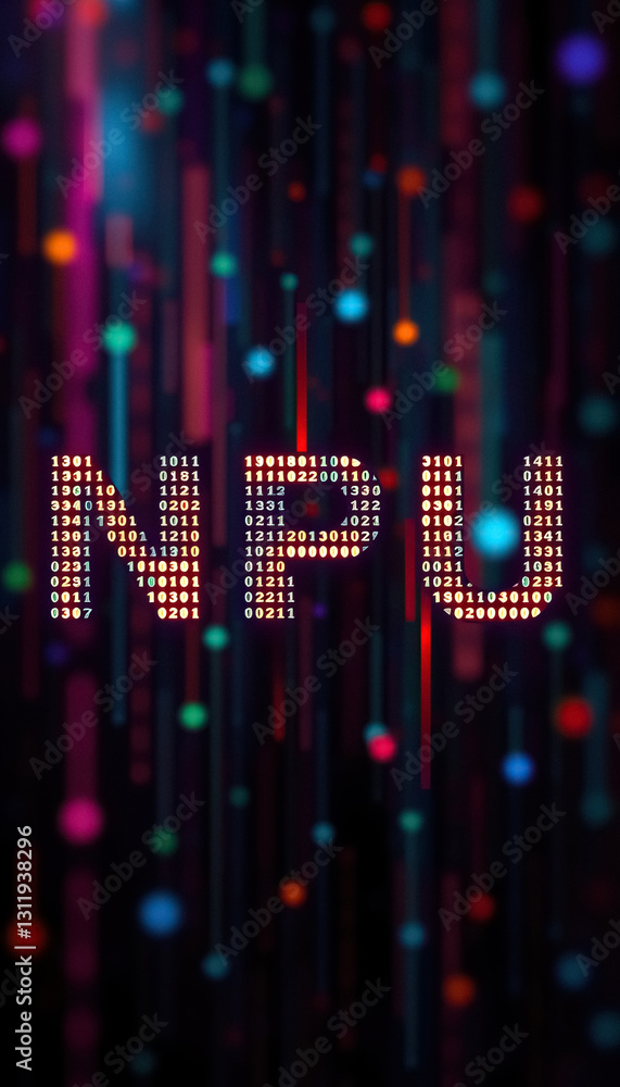 Fototapete abstract digital art piece featuring string of binary data overlaid with colorful bokeh effects