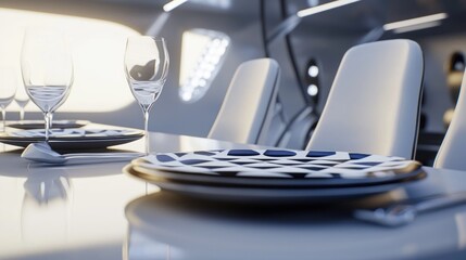 Futuristic dining setting in a white interior with tableware