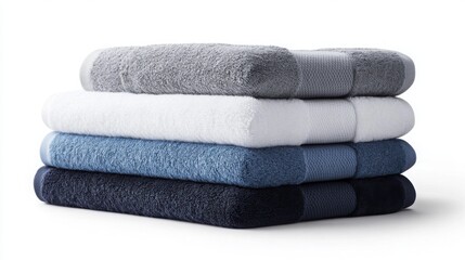 Neatly arranged stack of colorful towels with blank space for design or text on a light background