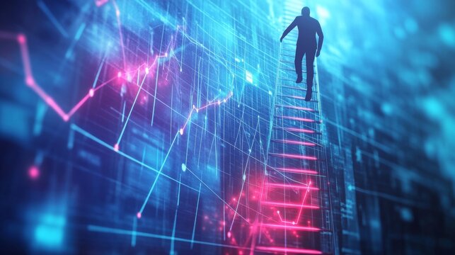 Person climbing business growth mountain urban landscape illustration motivational environment upward perspective success concept