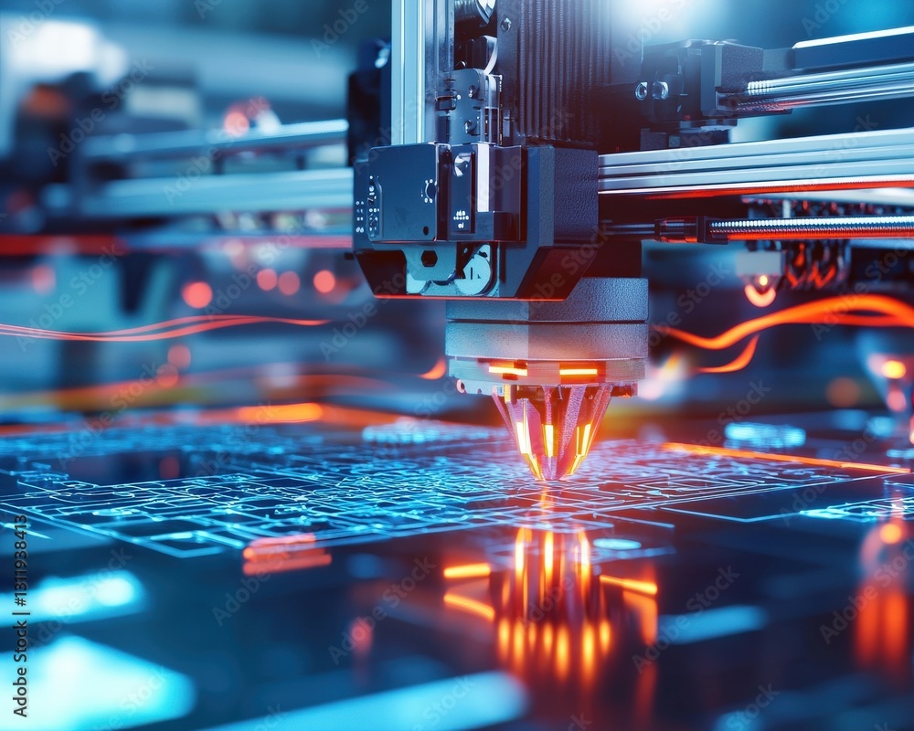 Poster a 3d printing lab visualized as a factory of dreams.