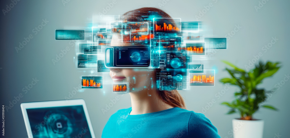 Poster Woman using virtual reality headset while interacting with digital data interfaces in modern workspace