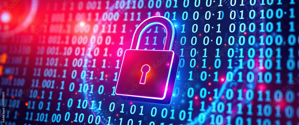 Poster Cybersecurity lock glowing with futuristic digital binary code background emphasizing data protection