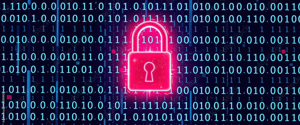 Poster digital padlock glows red against background of binary code symbolizing data security