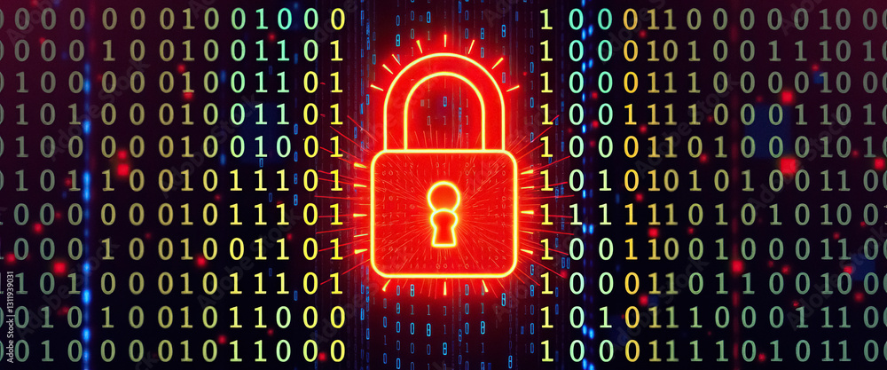 Aufkleber Digital security concept with prominent red padlock symbolizing data protection in binary code environment