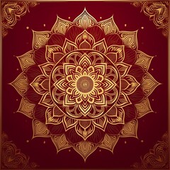 Elegant Arabic Mandala Background in Luxurious Gold and Red Tones. Refined Decorative Arabic Mandala with Traditional Floral Elements