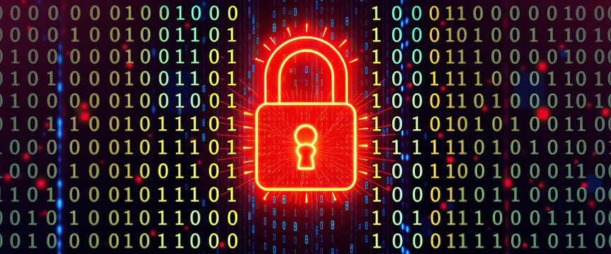 Digital security concept with prominent red padlock symbolizing data protection in binary code environment