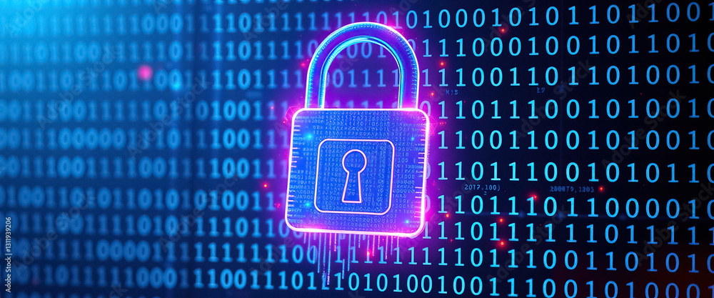 Poster Digital lock with binary code background symbolizing data protection and cybersecurity