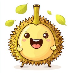Cartoon sun with a happy face and green leaf alongside a cute fun durian illustration in flat design