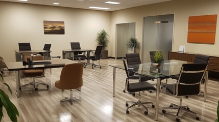 Modern Office Space with Desks, Chairs, and Contemporary Furnishings