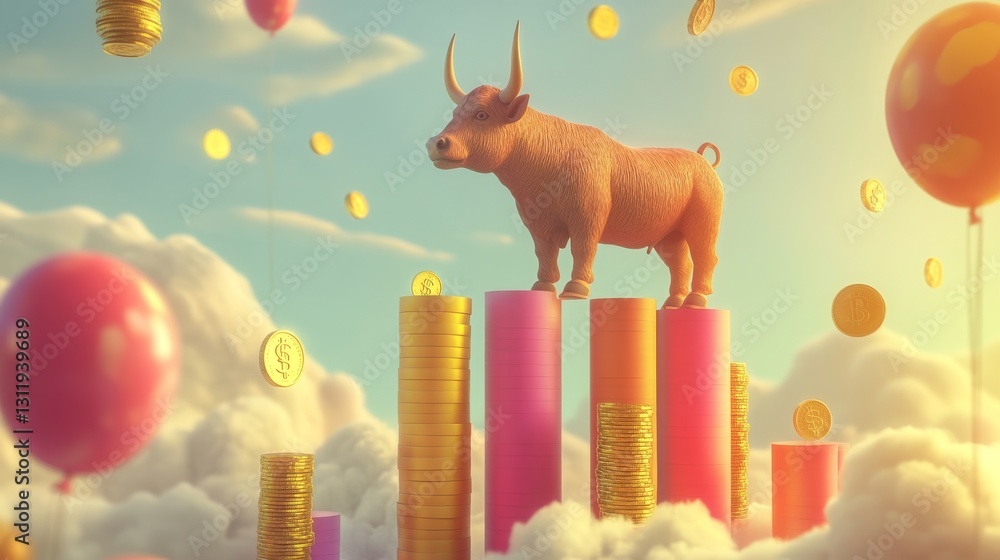 Poster a creative representation of financial growth with a bull standing on colorful coin columns, surroun