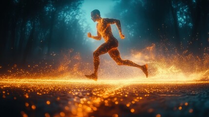 Naklejka premium Fiery runner in mystical forest