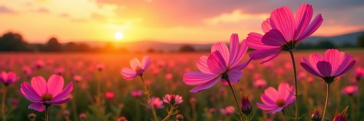 Obraz premium Pink cosmos flowers blooming in a scenic field at sunset, landscape, field