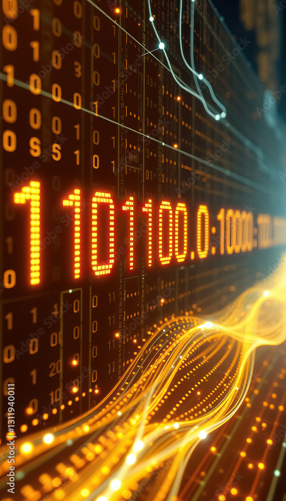 Poster Abstract data visualization of binary code and network activity on glowing digital screen
