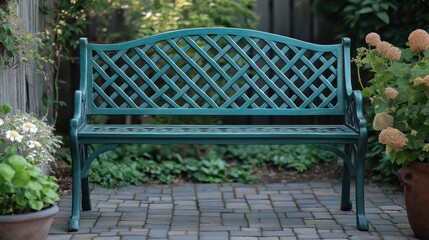 Elegant cast iron garden bench with lattice backrest in lush greenery