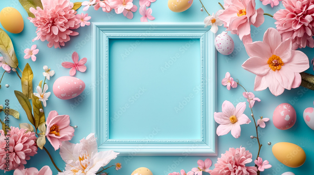 Aufkleber a vibrant display features pastel easter eggs and flowers surrounding an empty decorative frame in l
