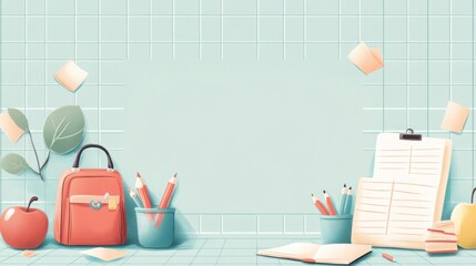 Desk setup featuring notebook pencils bag and school-themed border design with blank space for text