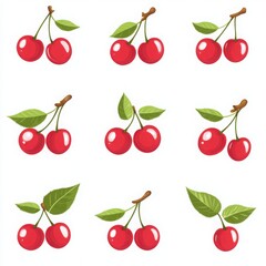 Cherry fruit vector set with simple logo design featuring cherry pattern and leaves on a white background