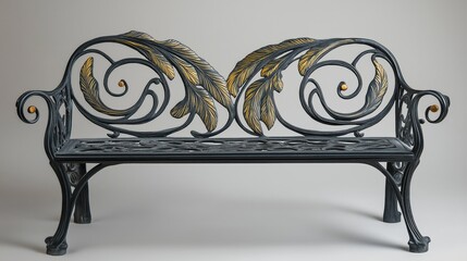 Elegant wrought iron garden bench with gold leaf accents and scrollwork