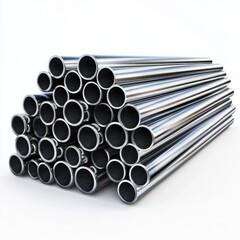 Stacked pile of stainless steel pipes arranged neatly on a clear white background for industrial use