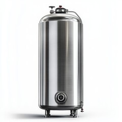 Stainless steel water tank with black lid and clear white background for drinking water storage