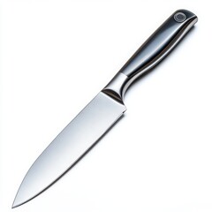 Stainless steel kitchen knife placed on a clean white background with a sharp blade and ergonomic handle