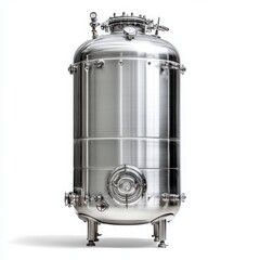 Stainless steel high-pressure tank with large metal tank on clear white background