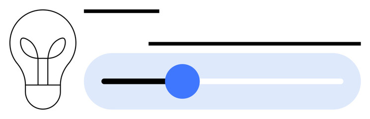 Lightbulb beside horizontal slider bar with blue knob, representing brightness adjustment, innovation, customization, and control. Ideal for energy efficiency, user interface, technology, creativity