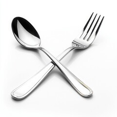 Fork and knife with stainless steel spoon on a clear white background for dining or kitchen setting