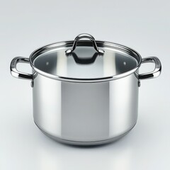 Stainless steel pot with lid and cookware set on a clean white background for culinary use