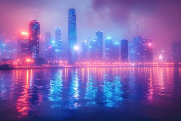 Fototapeta premium Experience the allure of a futuristic cyber city at night with dazzling illuminated skyscrapers in this captivating image.