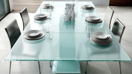 Modern glass dining table set, elegant interior, empty, ready for meal